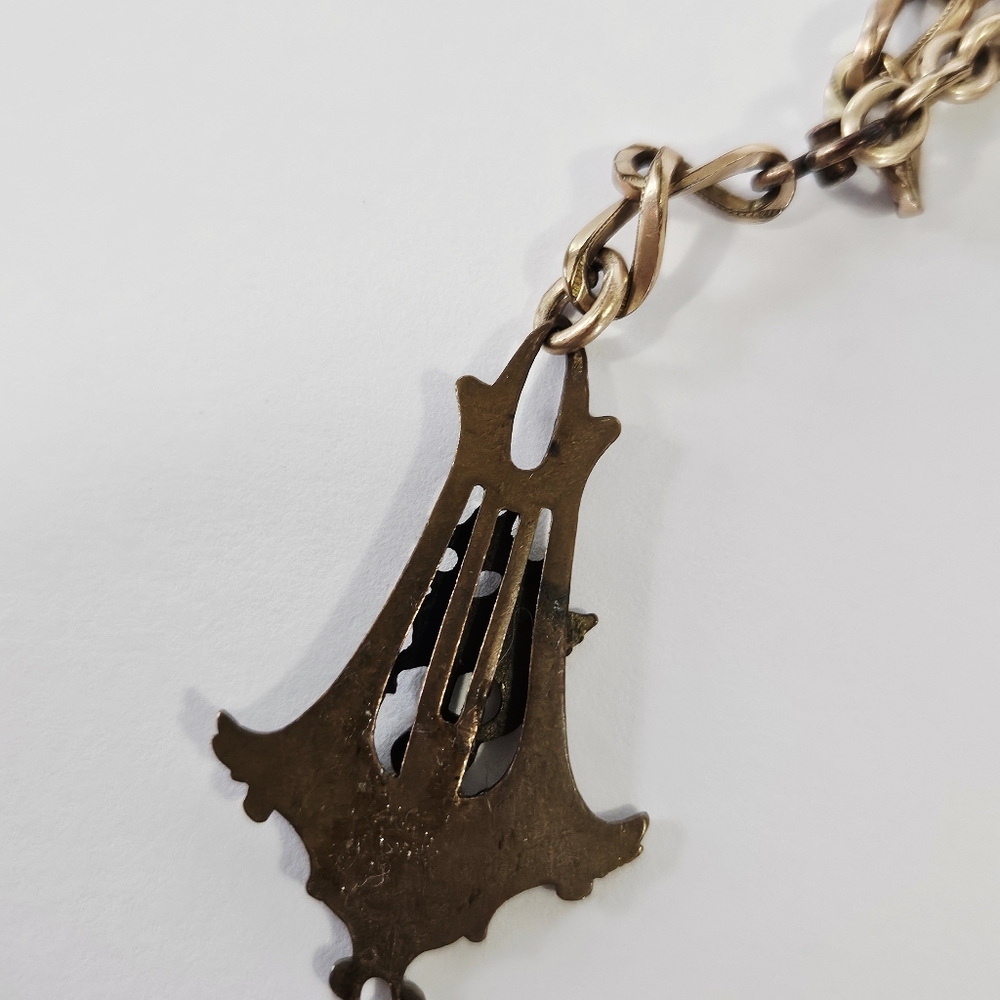 Antique Victorian Art Nouveau Albert Bronze Pocket Watch Chain Dragon Drop Charm - Picture 6 of 9